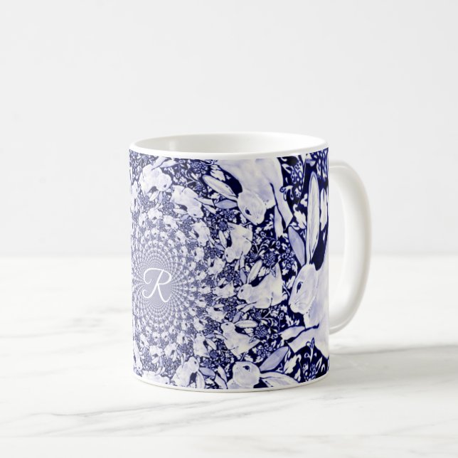Blue & White Rabbit Bunny Hare Fractal Monogram Coffee Mug (Front Right)