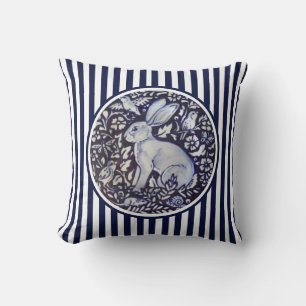 Blue & White Rabbit Bunny Stripe Dedham Floral Cushion