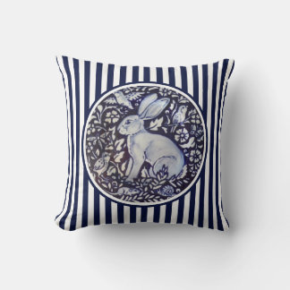 Blue & White Rabbit Bunny Stripe Dedham Floral Cushion