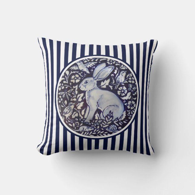 Blue & White Rabbit Bunny Stripe Dedham Floral Cushion (Front)
