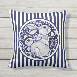 Blue & White Rabbit Bunny Stripes Dedham Floral Cushion