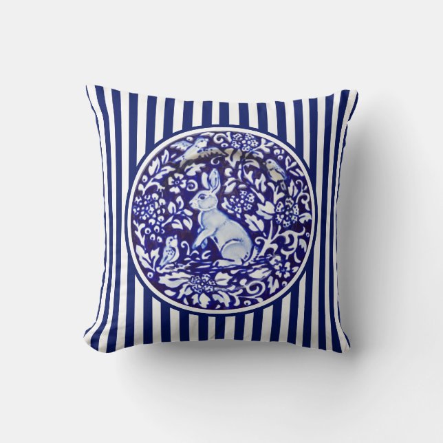 Blue & White Rabbit Bunny Stripes Dedham Floral Cushion (Front)