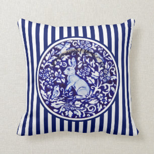 Blue & White Rabbit Bunny Stripes Dedham Floral Cushion