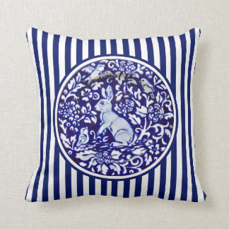 Blue & White Rabbit Bunny Stripes Dedham Floral Cushion
