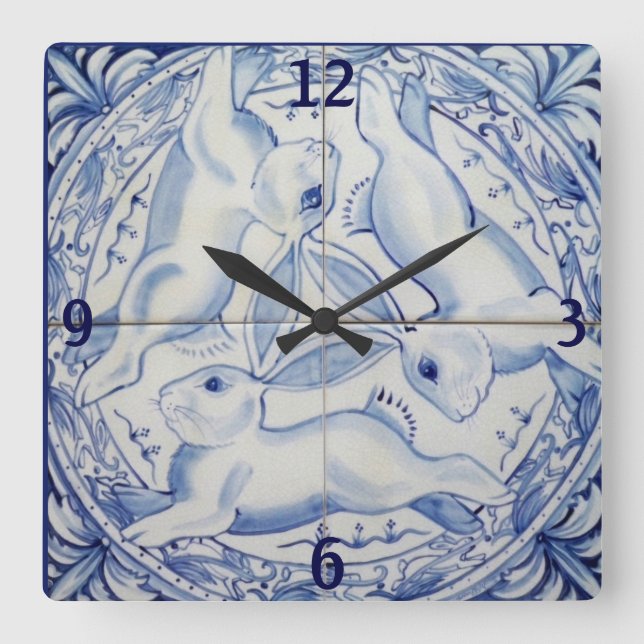 Blue & White Rabbit Bunny Three Hares Tile Decor Square Wall Clock (Front)