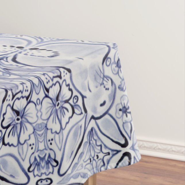 Blue White Rabbit Bunny Tile Design Floral Decor Tablecloth (In Situ)
