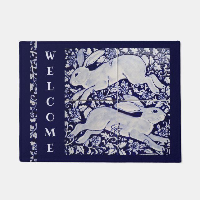 Blue & White Rabbit Bunny Welcome Elegant Tile Art Doormat (Front)