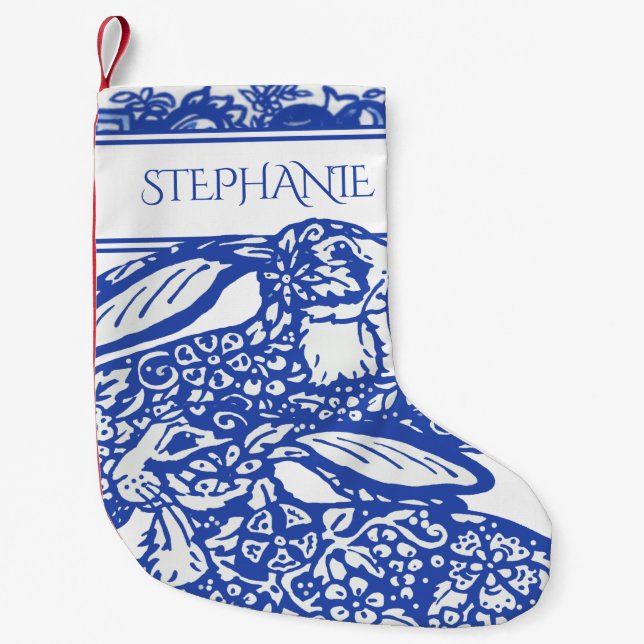 Blue White Rabbit Chinoiserie Delft Floral Custom Small Christmas Stocking (Front)