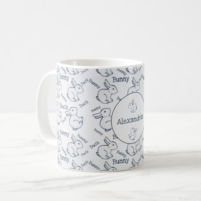 Blue & White Rabbit Duck Pattern Illusion Custom Coffee Mug (Front Left)