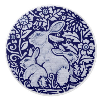 Blue & White Rabbit Family Drawer Pull Knob Dedham
