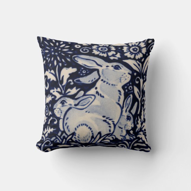 Blue White Rabbit Family Hare Bunny Chinoiserie Cushion (Front)