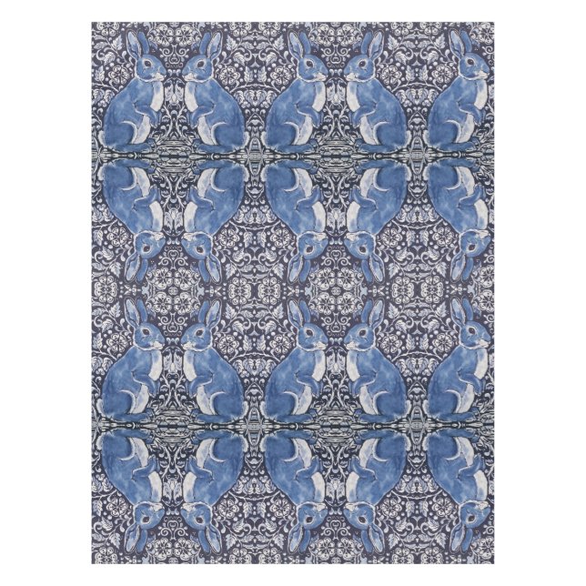 Blue White Rabbit Floral Art Nouveau Tablecloth (Front)