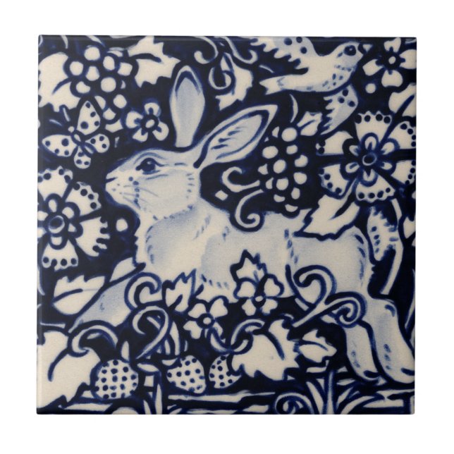 Blue White Rabbit Floral Bird Chinoiserie Berry Tile (Front)