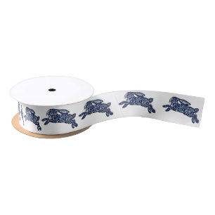 Blue & White Rabbit Floral Delft Dedham Bunny Satin Ribbon