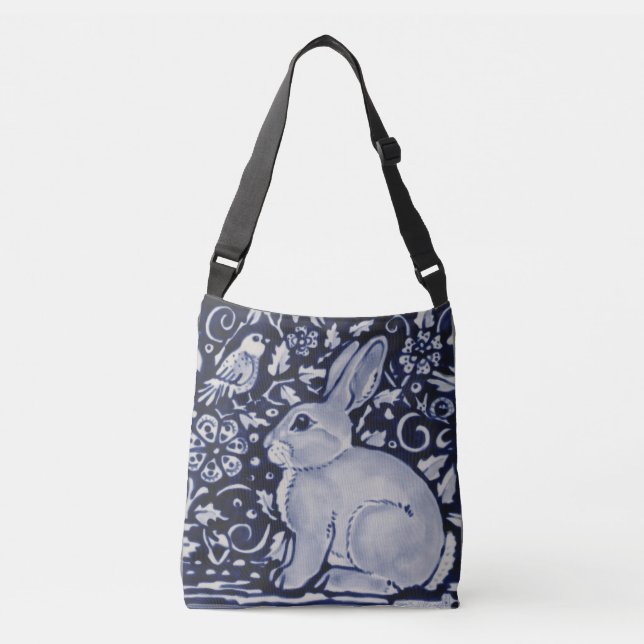 Blue & White Rabbit Floral Designer Shopping Tote (Front)