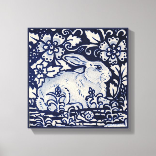 Blue & White Rabbit Floral Snail Leaf Chinois Art Canvas Print (Front)