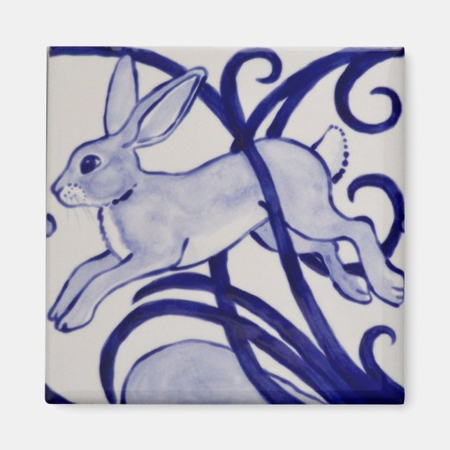 Blue & White Rabbit Hare Art Deco Tile Scroll Magnet (Front)