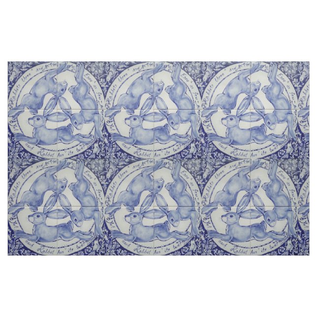 Blue White Rabbit Hare Bird Trio Medallion Fabric (Fat Quarter)