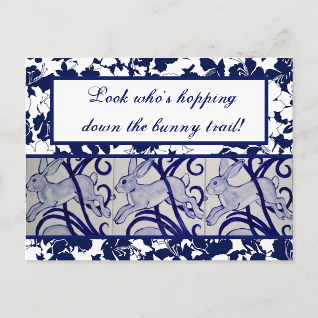 Blue & White Rabbit Hare Bunny Art Deco Easter Postcard (Front)