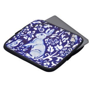 Blue White Rabbit Hare Bunny Bird Floral Woodland Laptop Sleeve
