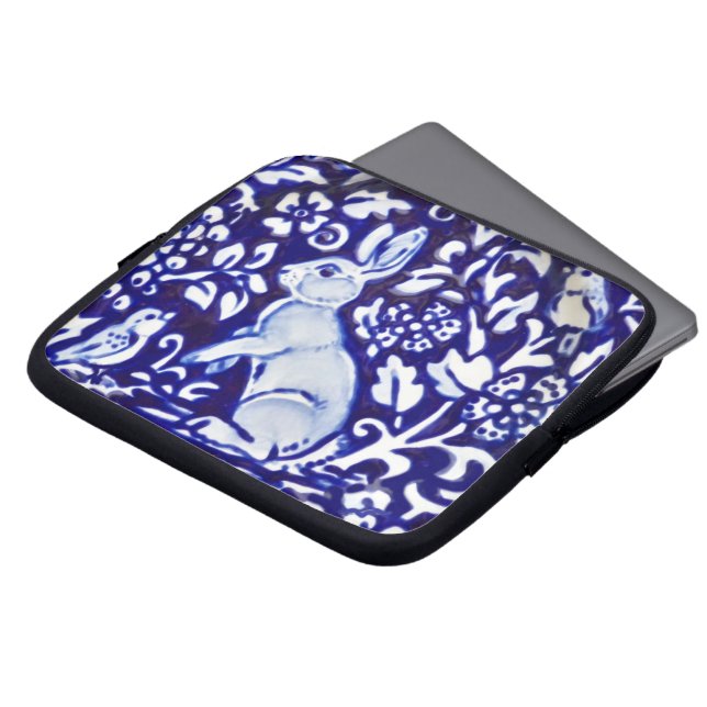 Blue White Rabbit Hare Bunny Bird Floral Woodland Laptop Sleeve (Front Top)