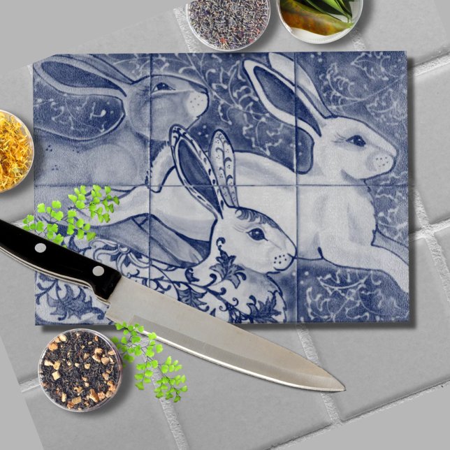 Blue White Rabbit Hare Tiled Chinoiserie Floral Cutting Board (Creator Uploaded)