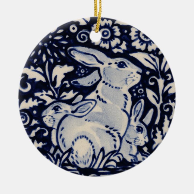 Blue & White Rabbit Mum & Babies Date Custom Ceramic Tree Decoration (Front)