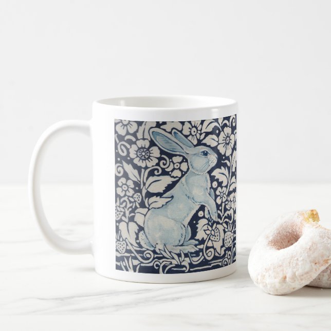 Blue & White Rabbit Painting Woodland Floral Berry Coffee Mug (With Donut)