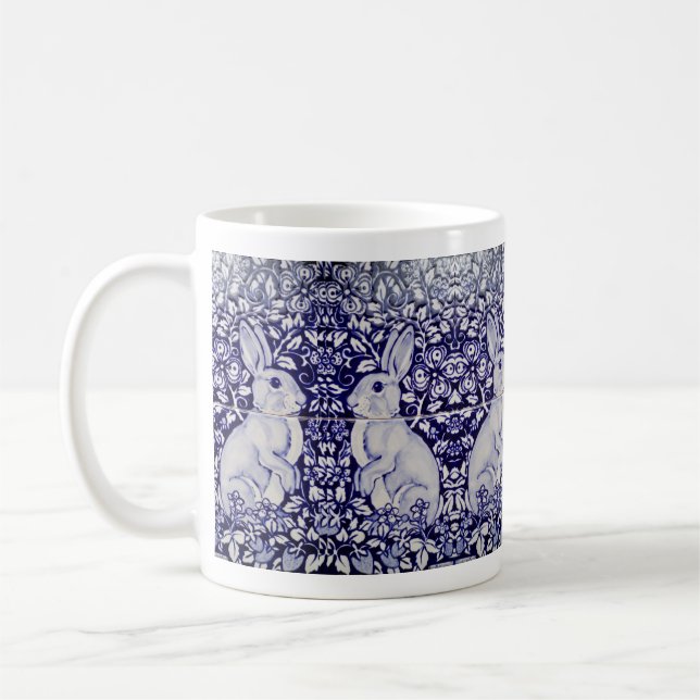 Blue & White Rabbit Strawberry Garden Bunny Floral Coffee Mug (Left)