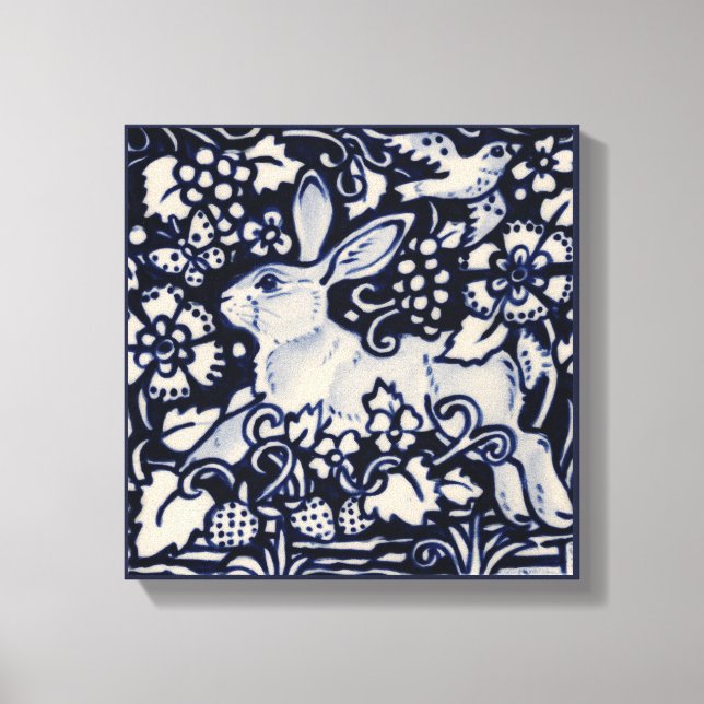 Blue & White Rabbit Summer Floral Bird Chinois Art Canvas Print (Front)