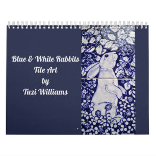 Blue & White Rabbit Tile Art Calendar Cobalt Navy