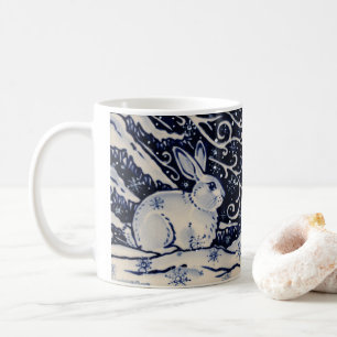 Blue & White Rabbit Tile Winter Woodland Snow Coffee Mug