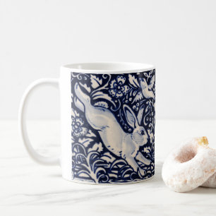 Blue & White Rabbit Tile Woodland Flowers Bird Coffee Mug