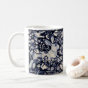 Blue & White Rabbit Tile Woodland Strawberry Bird Coffee Mug