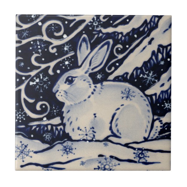 Blue White Rabbit Winter Snow Chinoiserie Cobalt Tile (Front)