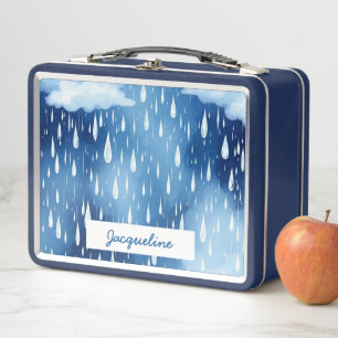 Blue White Rain Drops Nature Pattern Metal Lunch Box