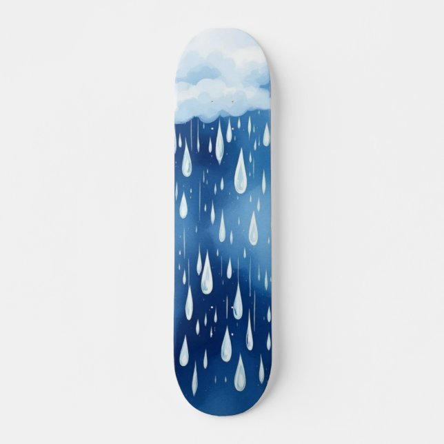 Blue White Rain Drops Rainy Day Pattern Skateboard (Front)