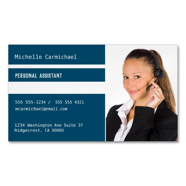 Blue White Realtor Personal Assistant Photo Magnetic Business Card (Front)