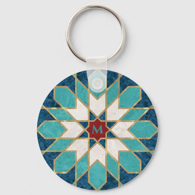 Blue White Red Marble Moroccan Mosaic Monogram Key Ring (Front)