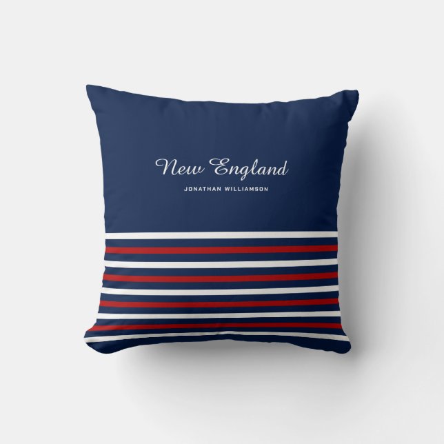  Blue, White, Red Striped Personalizable Nautical  Cushion (Front)