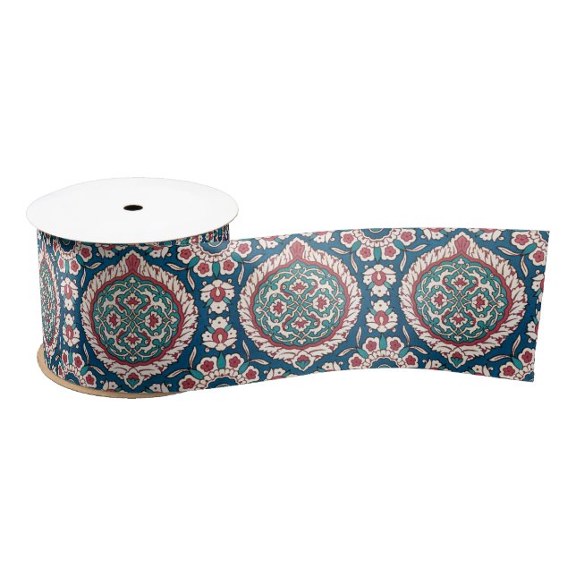 Blue White Red Teal Oriental Azulejo Pattern Satin Ribbon (Spool)