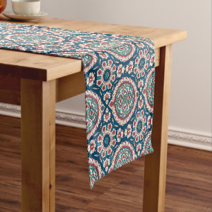 Blue White Red Teal Oriental Azulejo Pattern Short Table Runner