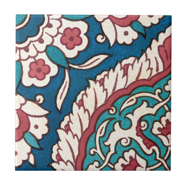 Blue White Red Teal Oriental Azulejo Pattern Tile (Front)