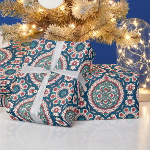 Blue White Red Teal Oriental Azulejo Pattern Wrapping Paper