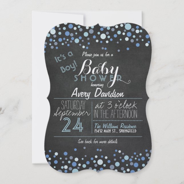 Blue & White Retro Chalkboard Boy Baby Shower Invitation (Front)