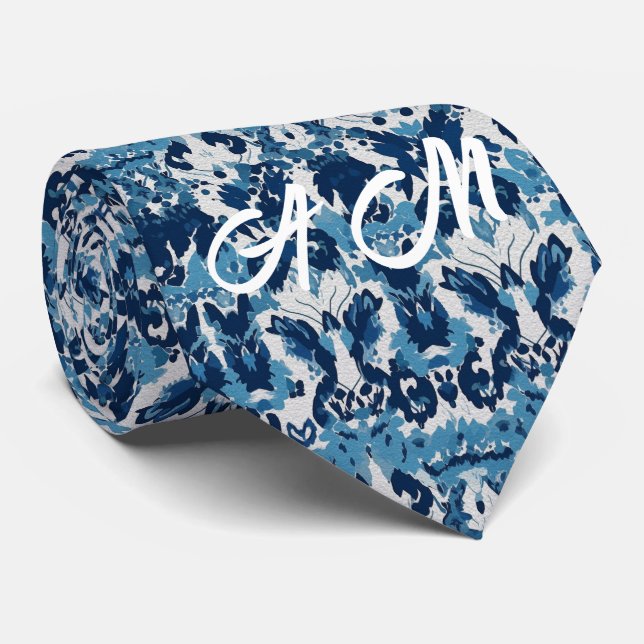 Blue White Retro Ikat Pattern 2 Monogram Initials Tie (Rolled)
