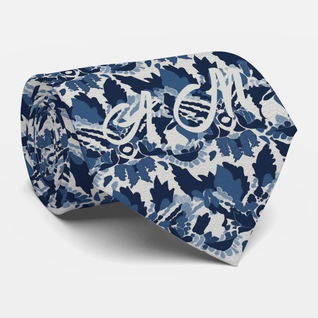 Blue White Retro Ikat Pattern Monogram Initials Tie (Rolled)