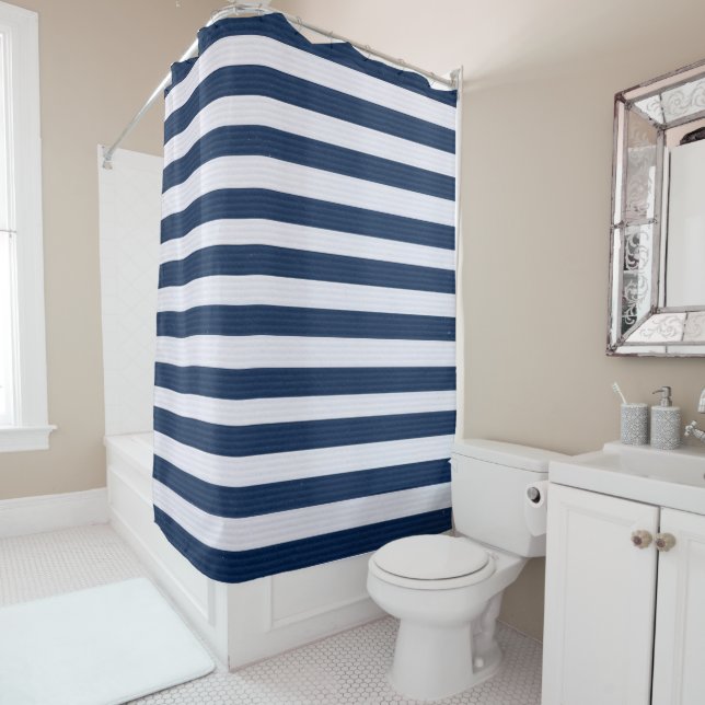 Blue & White Ribbed Stripes  Shower Curtain (In Situ)
