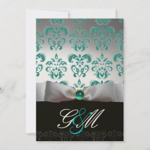 BLUE WHITE RIBBON  BLACK DAMASK MONOGRAM Champagne Invitation