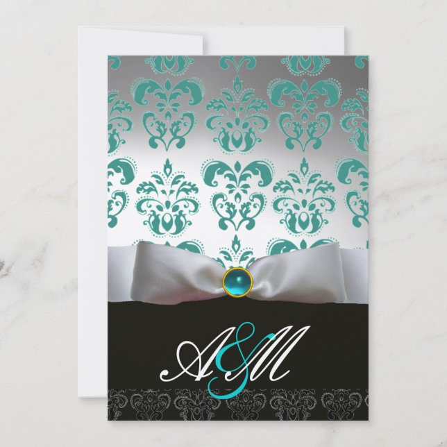 BLUE WHITE RIBBON & BLACK DAMASK MONOGRAM Gold Invitation (Front)